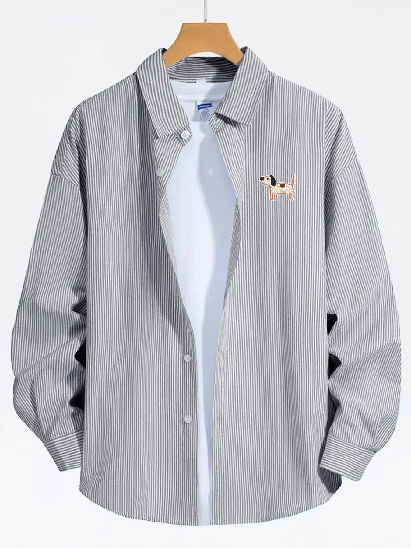 

Spring and autumn new cartoon fun spotted dog style thin striped long-sleeve shirt, men's versatile casual shirt