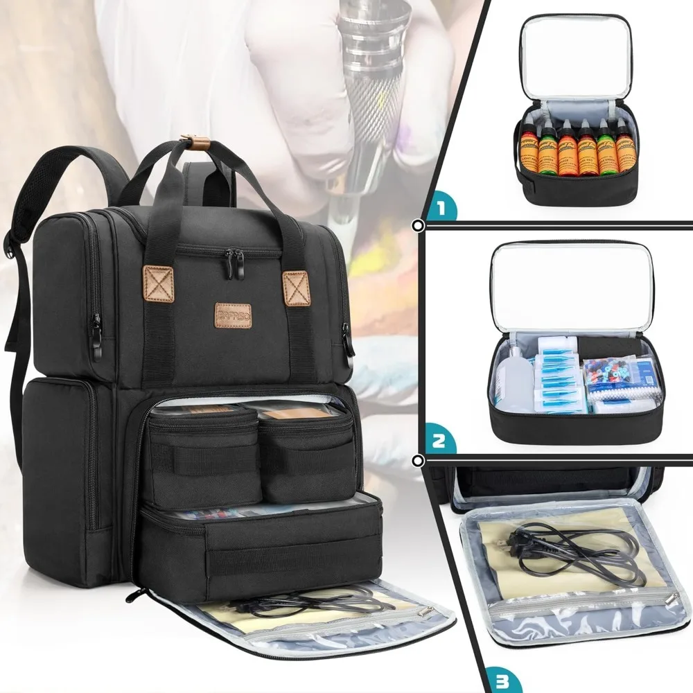 

Backpack with 3 Inner Removable Pouches, Tattoo Case Holds Tattoo Stencil Printer and Tattoo Supplies (Bag Only), Black