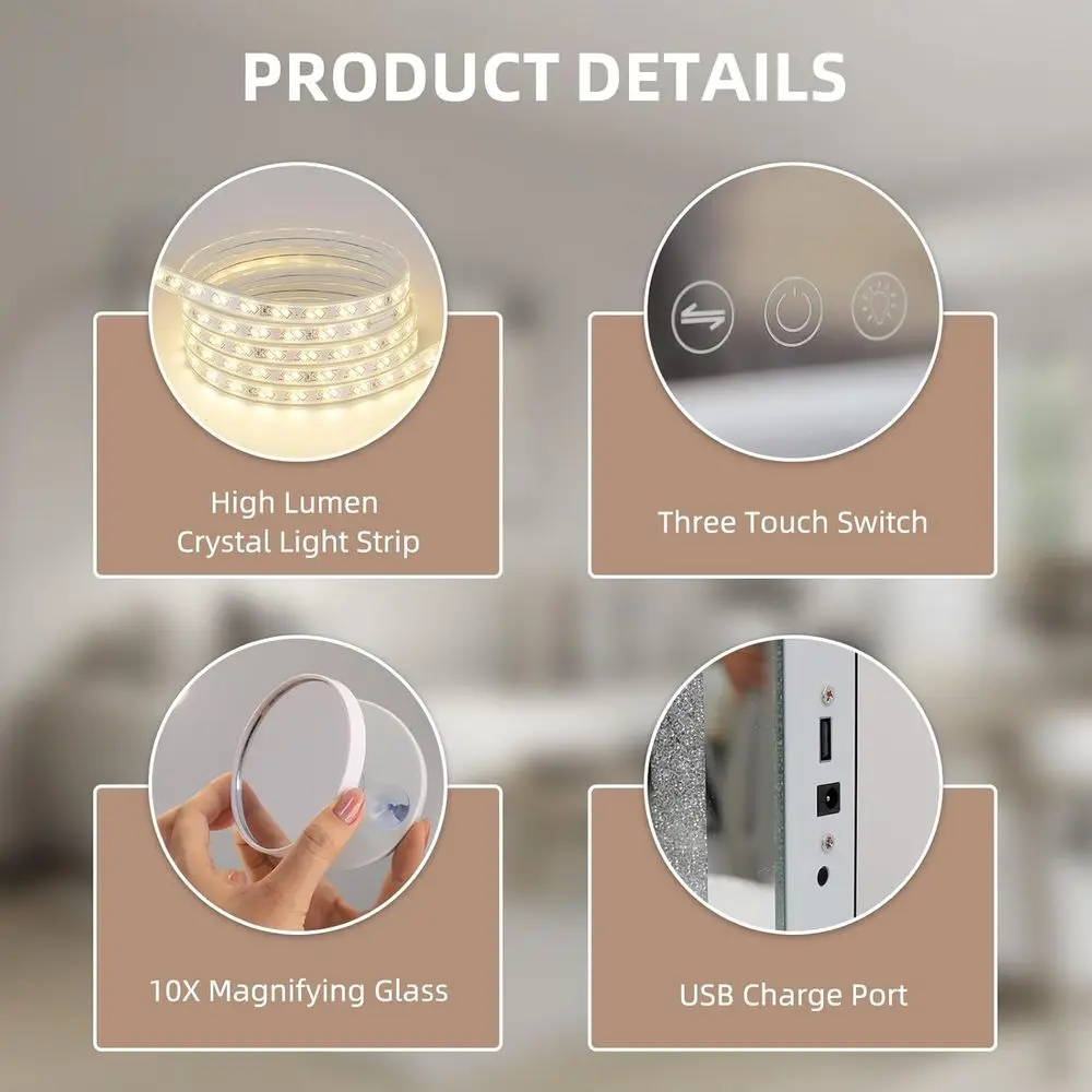 Beleuchteter Schminkspiegel mit 10-facher Vergrößerung, 3 Farbmodi, dimmbaren Lichtern, USB-Anschluss, gehärtetes Glas, 22,8 x 18,1, Weiß