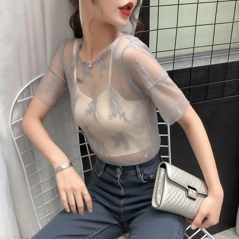 

See Through Flower Lace T-shirt Top Y2K O Neck Flare Sleeve Short Sleeve T Shirt Women S-XL Transparent Elastic Female Blouses