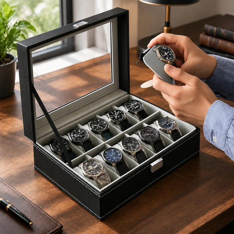 PU Leather Display Organizer with Glass Lid, Multi-Compartment Storage Box for Men's Watches and Jewelry, Available in 2-12