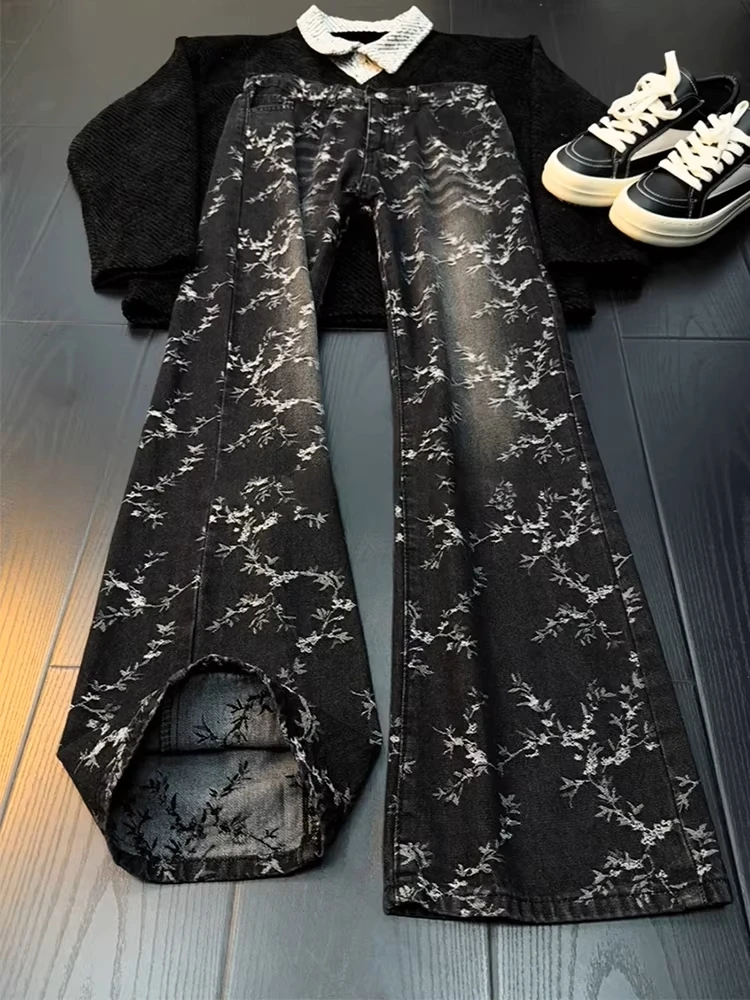 

Cleanfit Bla Thistle Embroidery Flared Jeans Men's American High Street Straight Leg Slimming Knife Pants Casual Cotton Blend