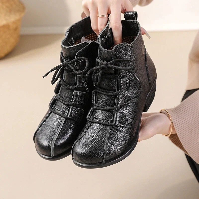 High Quality Lace Up Heeled Shoes Women\'s Boots Comfortable Ladies Genuine Leather Shoes Ankle Boots Big Size 42 Woman Booties