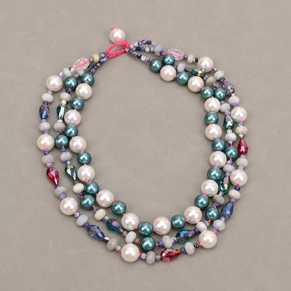 APDGG A129 Handmade 3 Rows Natural Mix Stone Amazonite Shell Agate Multi Strands Necklace