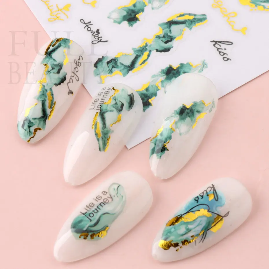 Marble Smoky Nails Stickers Peacock Green Gold Lines Sliders on Nail Charms Blooming Ink Painting Decal Adornment Manicure YB004