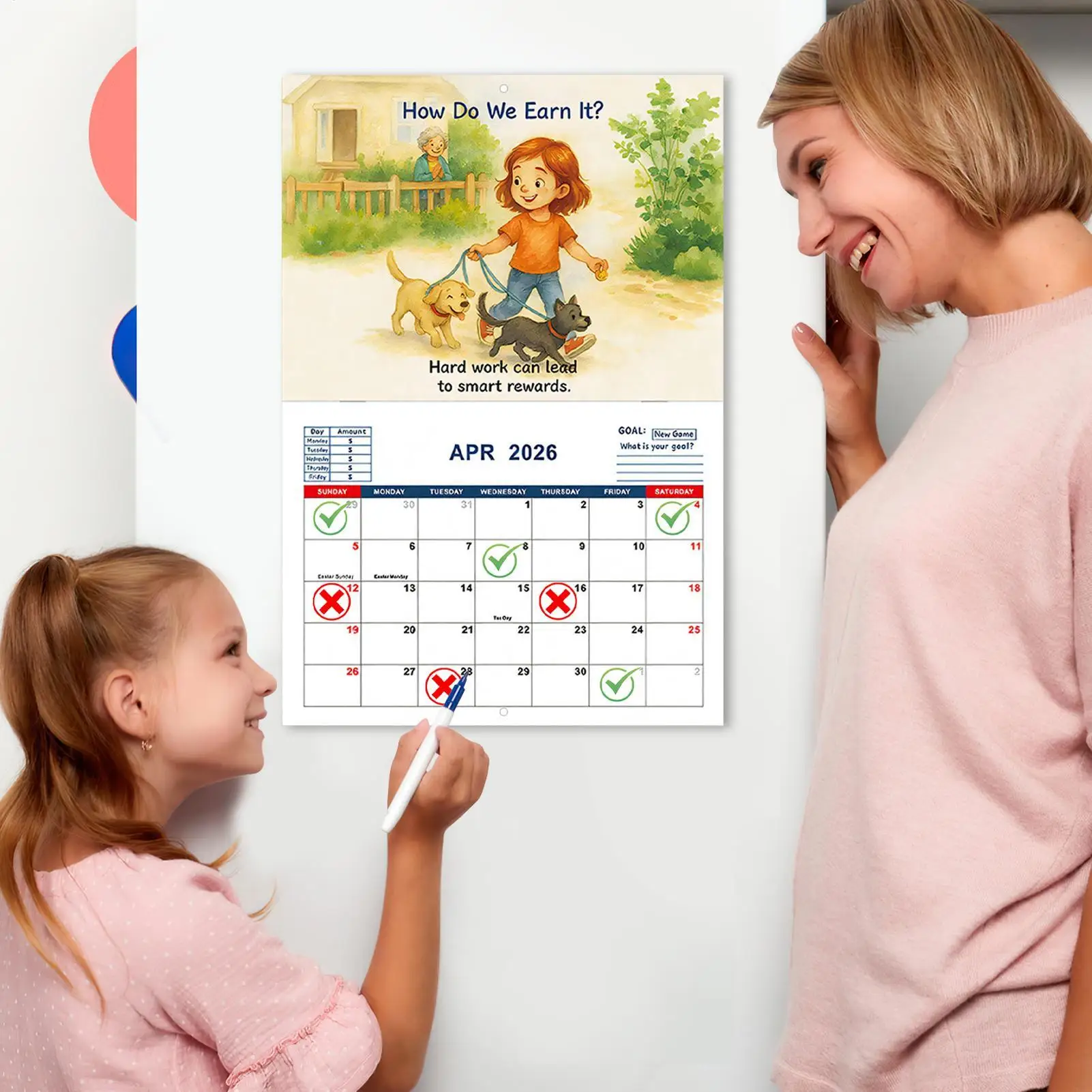 Calendario 2026 per bambini Calendario dei soldi del bambino per la scuola Planner interattivo dei cartoni animati per la scuola Aula Camera da letto Soggiorno