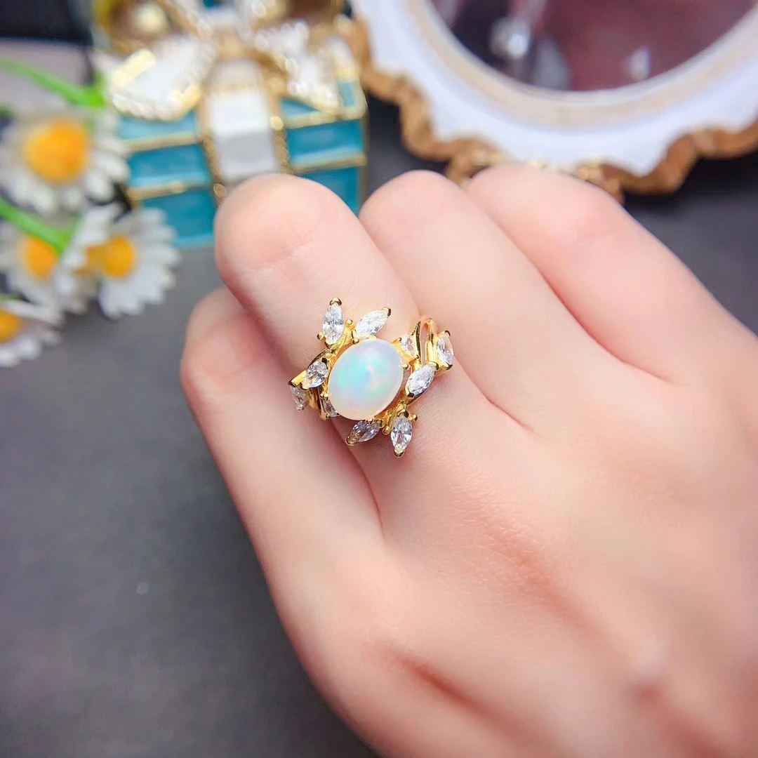 Natural White Opal Ring for Party 8mm*10mm 2ct Australia Opal Silver Ring Solid 925 Silver Opal Jewelry with Gold Plating