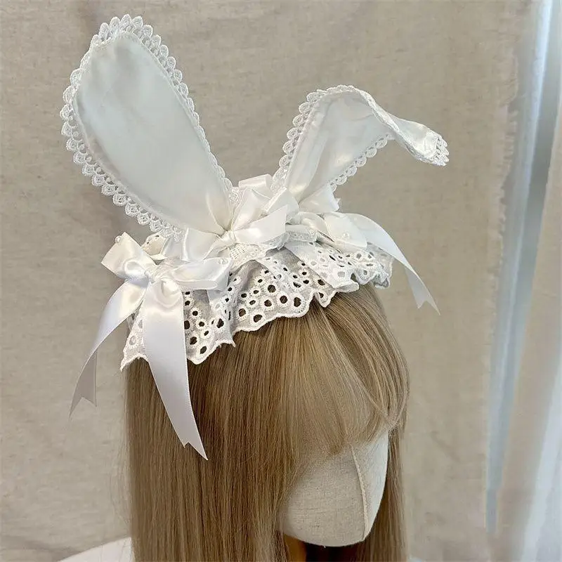 

Женская кружевная повязка на голову с бантом и ушками кролика, в стиле Лолита, для косплея, японский и корейский стиль Y2K, милые аксессуары для волос в стиле кавайи для комик-конвенций