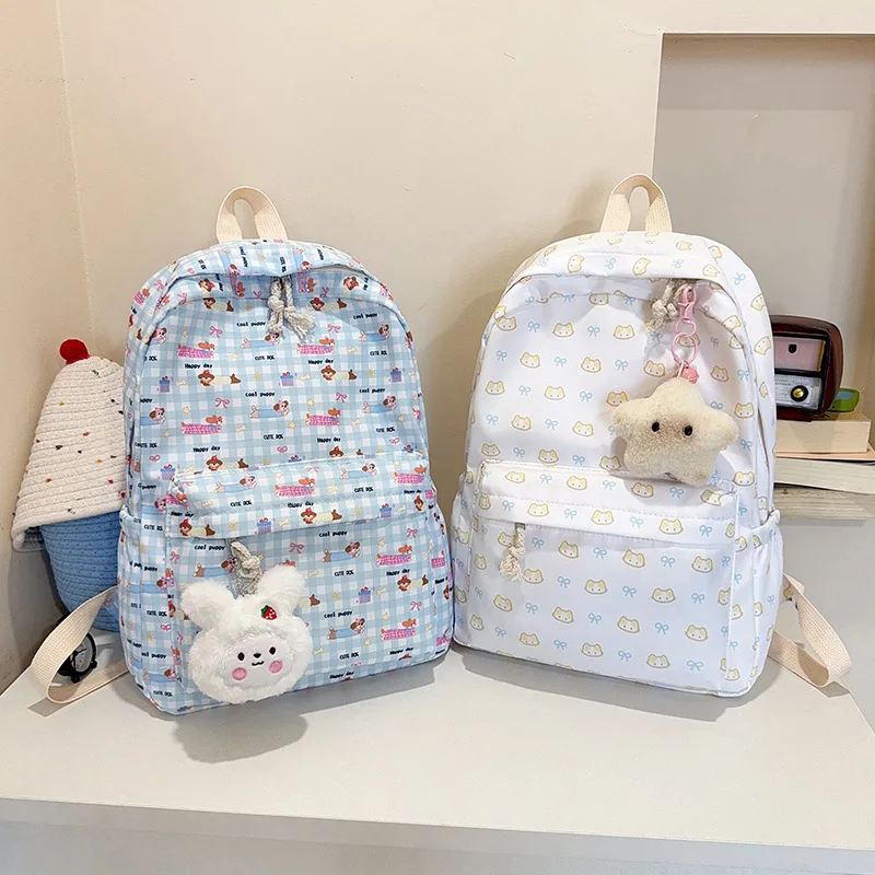 Girls Kitten Print Bookbag Cute Pendant Lightweight Backpack Large Capacity School Bags Middle School Elementary School Backpack