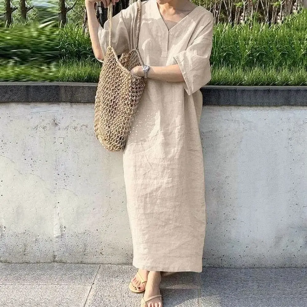 Summer Womens Maxi Dress Cotton Linen Blend V Neck Short Sleeve Loose Casual Solid Color Elegant Plus Size Breathable Clothing