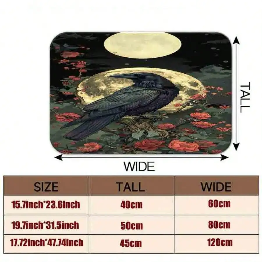 1pc Flannel Floor MatGothic Raven And Dual Moon Surreal Art Area Rug Dark Aesthetic Floral Home Decor Non-Slip Floor MatNon-Slip, Machine Washable, Soft Area