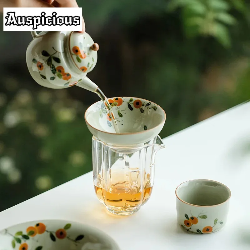 Pure Hand-painted Persimmon Ceramic Straight Tube Filter Retro Screen Leak Holder Tea Infusers Sieve Kung Fu Tea Set Accessories