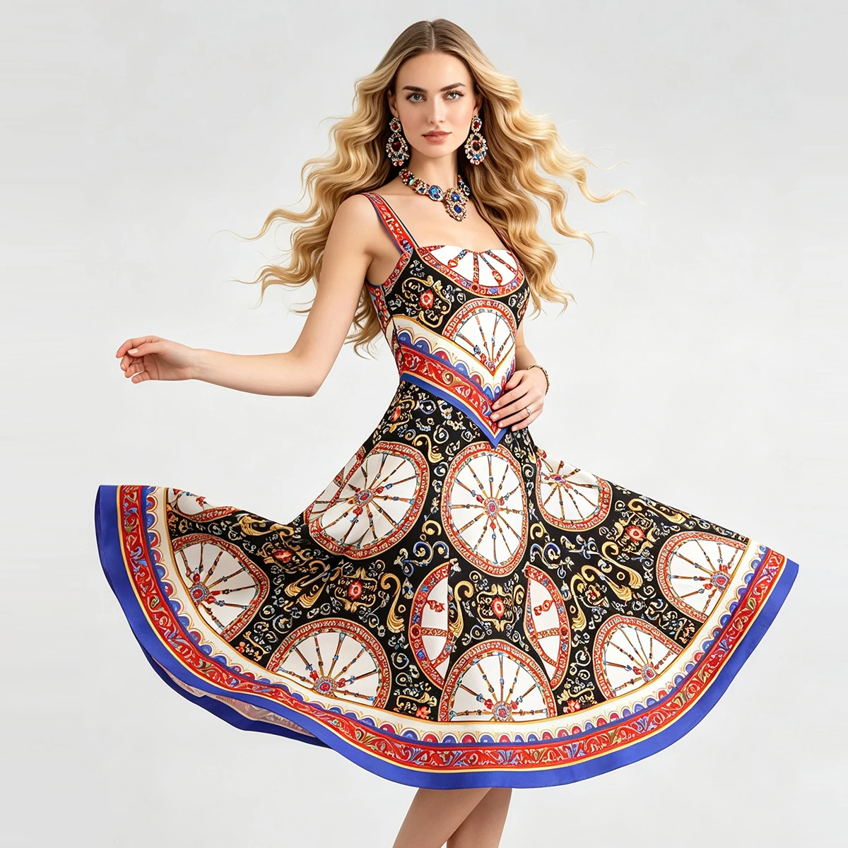 Picture 4: Vintage Baroque Print Midi Dress Women Square Collar Sleeveless A-Line Summer Dress Bohemian Party Beach Sundress Elegant