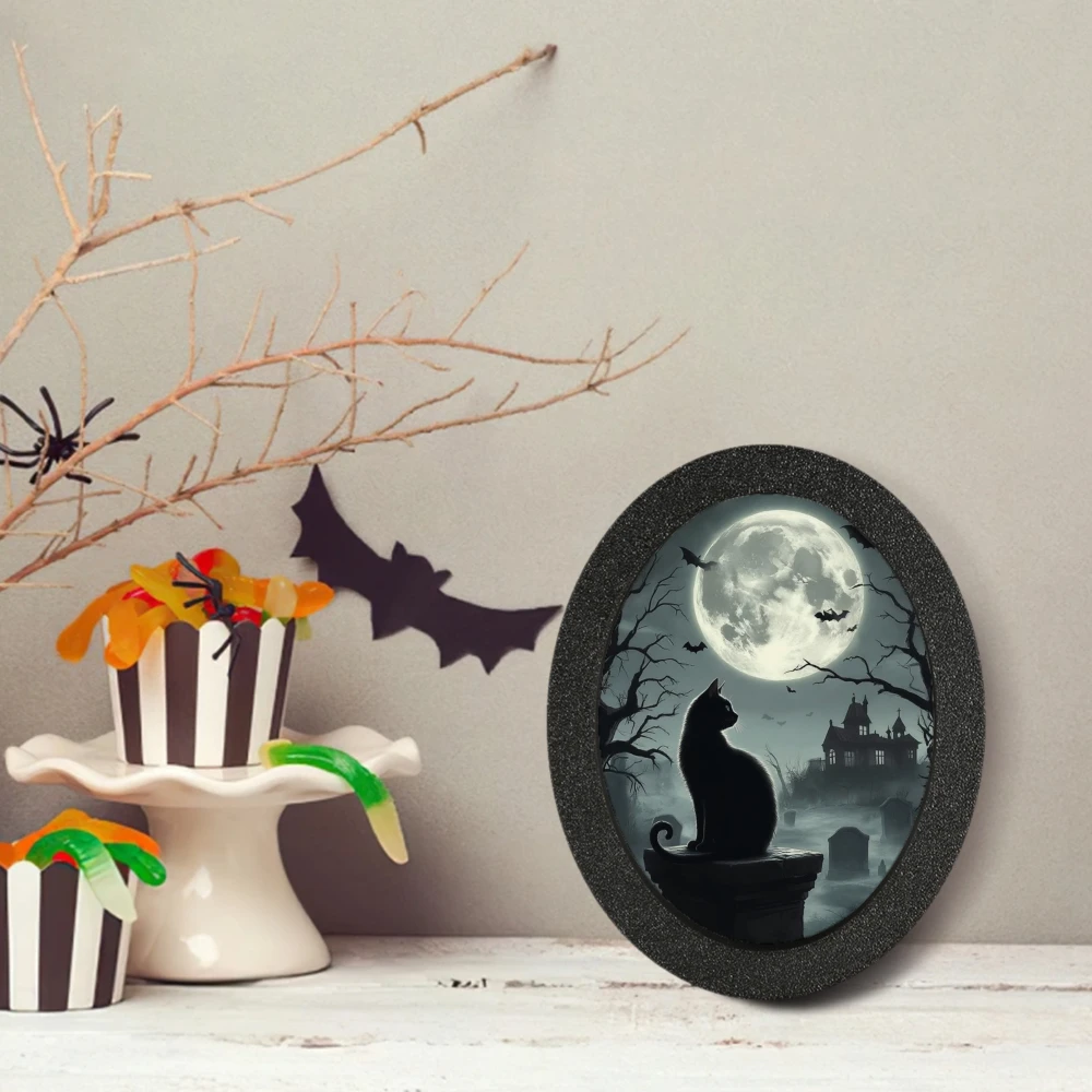 Cross - border Oval Black - framed Decoration, Featuring a Gothic Scene of Black Cat Gazing at Moon, Ideal for Halloween & Dark