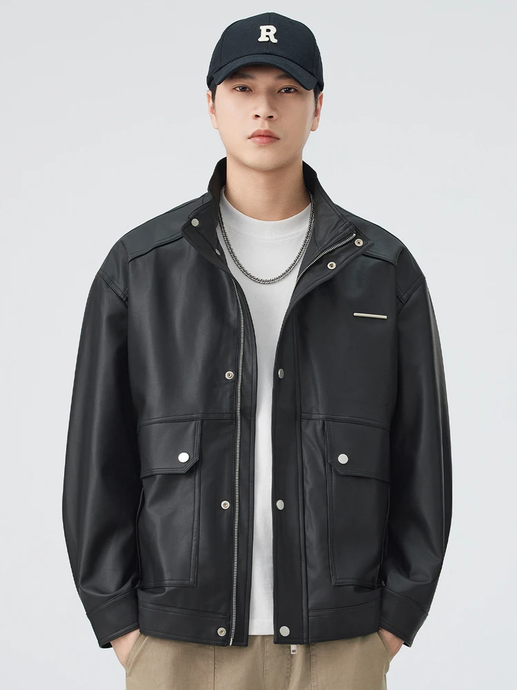 

High-End Trendy Men's Stand Collar Workwear Leather Jaet Coat with Large kets Japanese Sle Retro Jaet ort Length