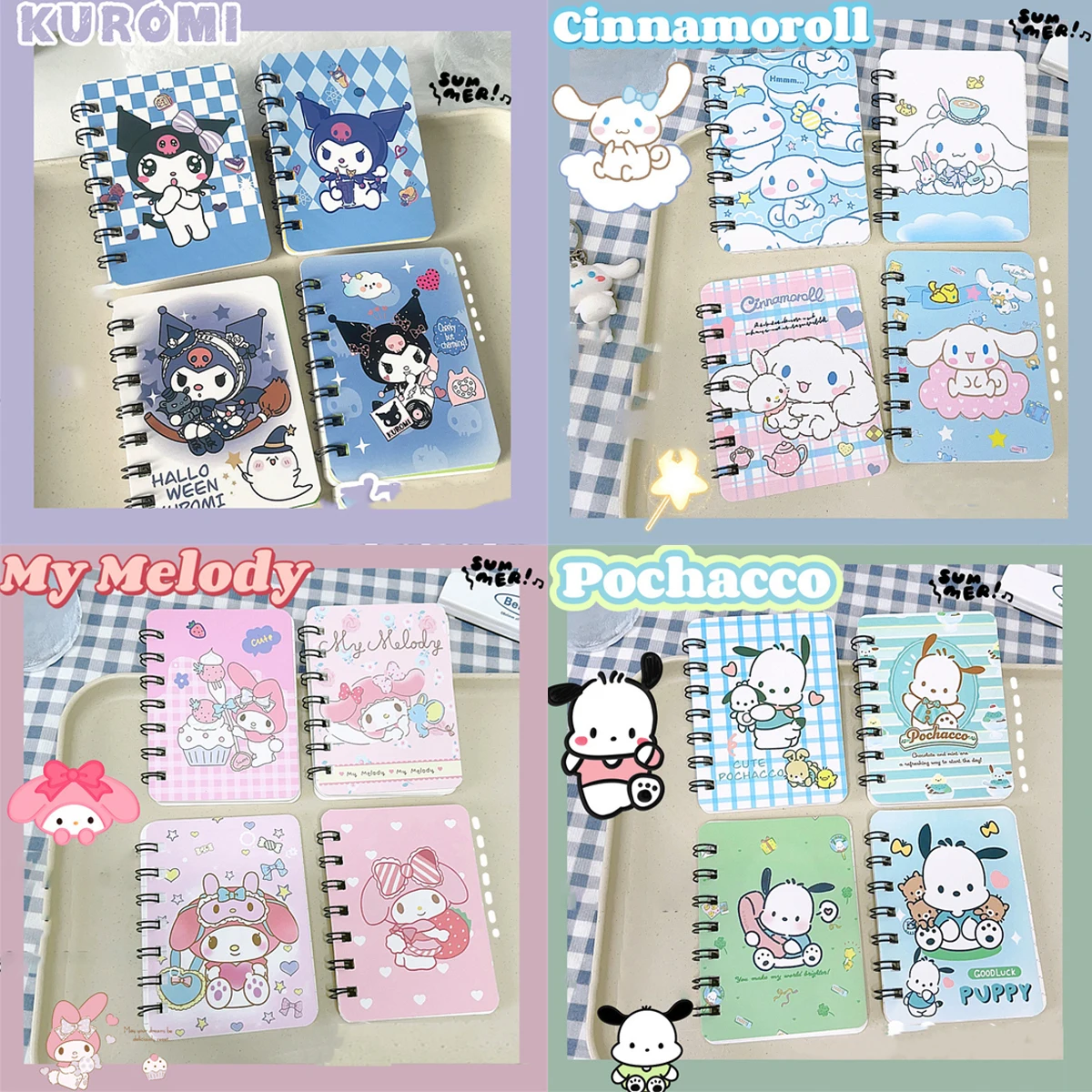 4pcs/Set Sanrio Notebook Kawaii Cartoon Pattern Kuromi Melody Portable A7 Coil Account Book Pocket Notepad Student Stationery