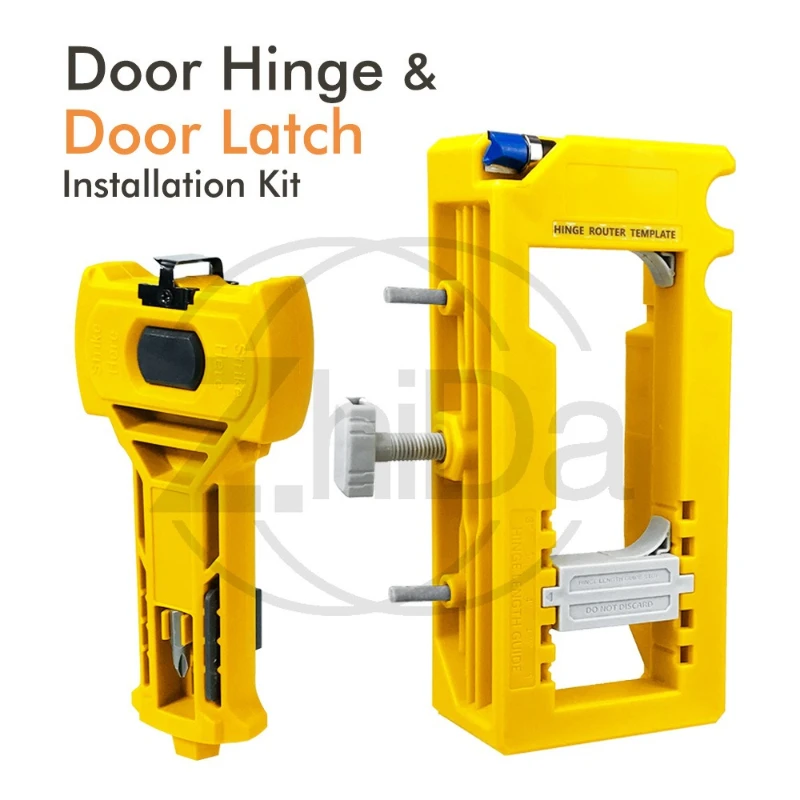 Door hinge and latch mounting kits, door hinge mortise formwork, door latches for precision cutting and scoring