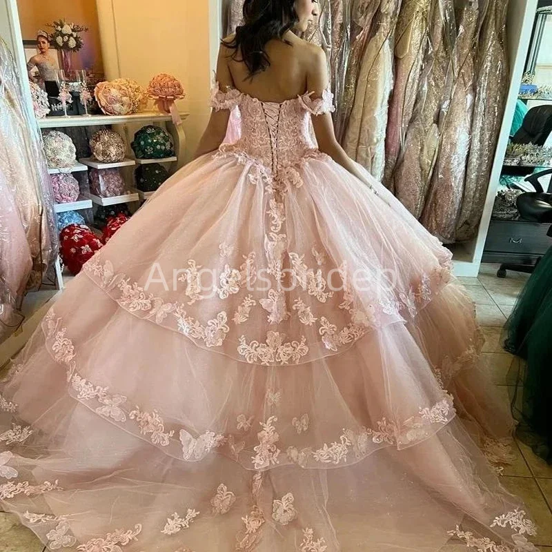 Angelsbridep-vestido De Graduación Rosa escalonado con cordones y cuentas, vestido De baile De princesa, vestido De quinceañera sin hombros, Vestidos De fiesta