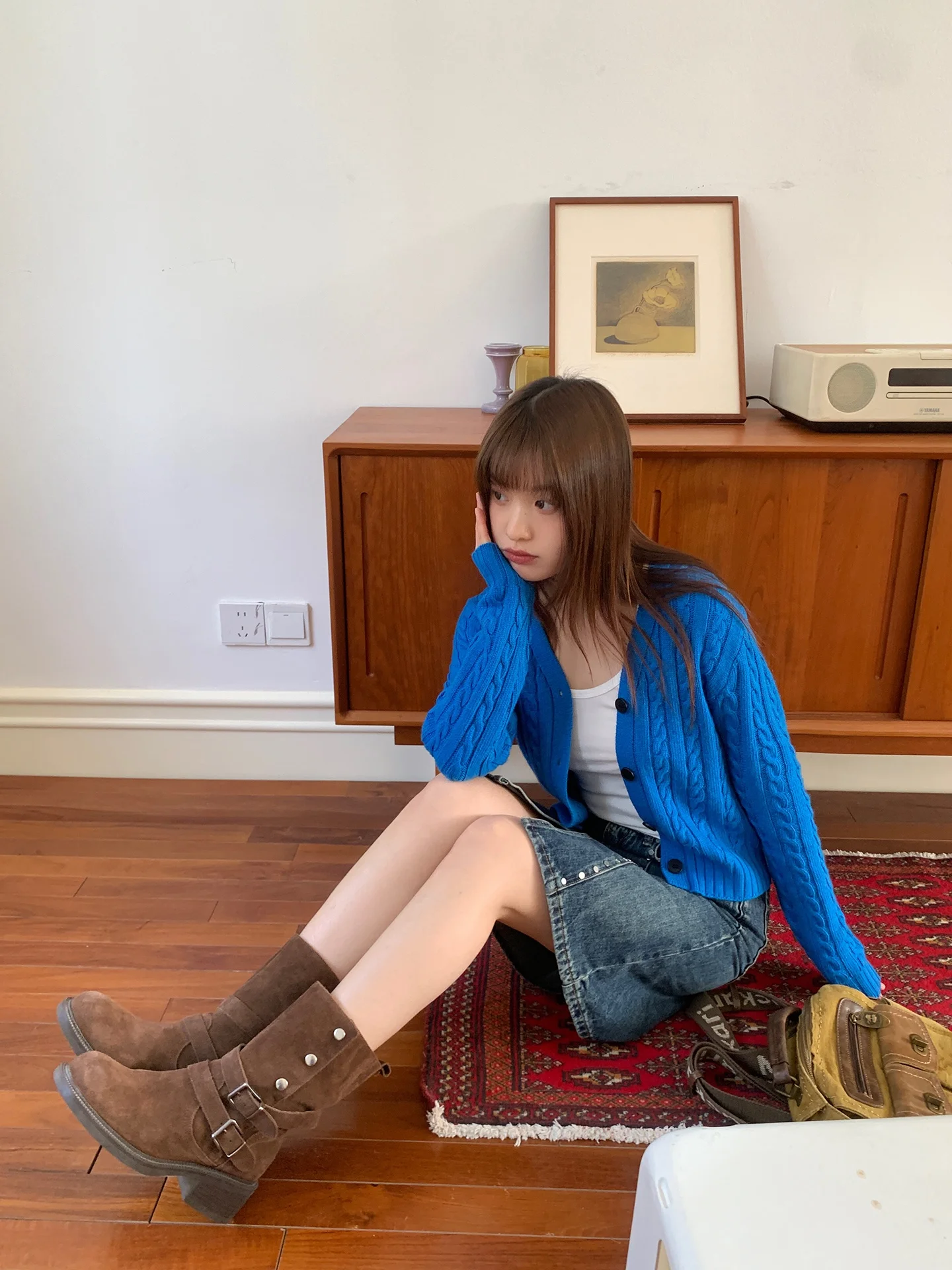 

Loose Long Sve V-Ne Diamond Klein Blue Open Cardigan Sweater Jaet Casual Sle Women's Knittedwear Thermal Regular Fit