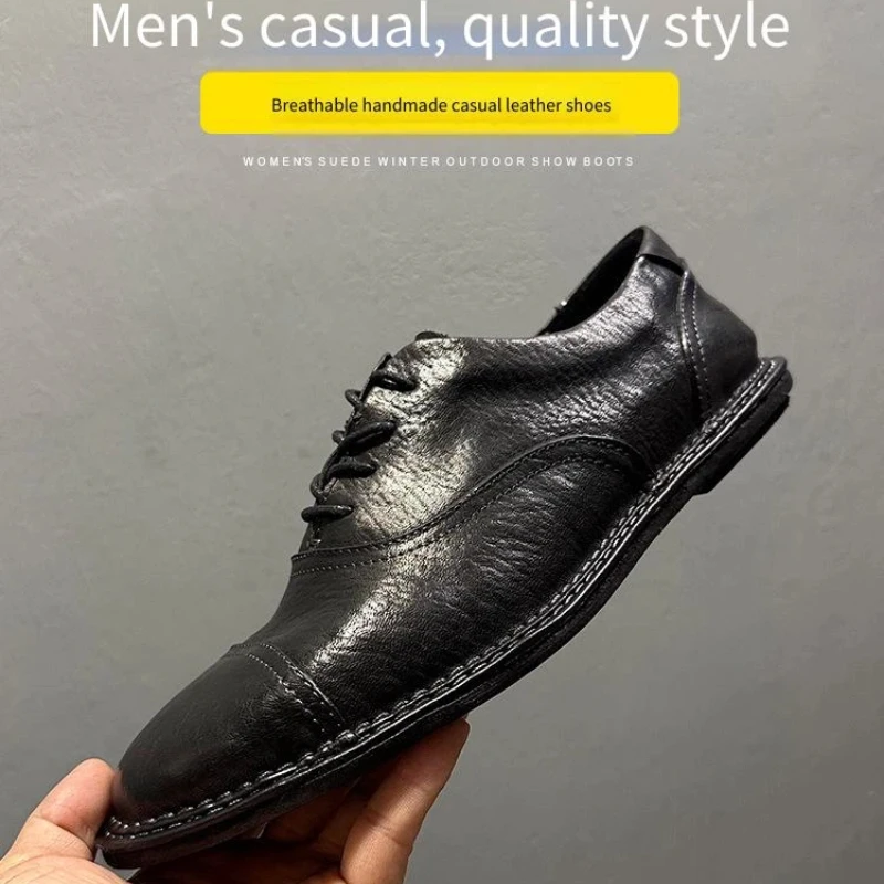 YETTIES Men's Handmade Horsehide Derby Shoes | Business Casual Lace-Up Leather Shoes | Spring Washed Distressed Durable Footwear