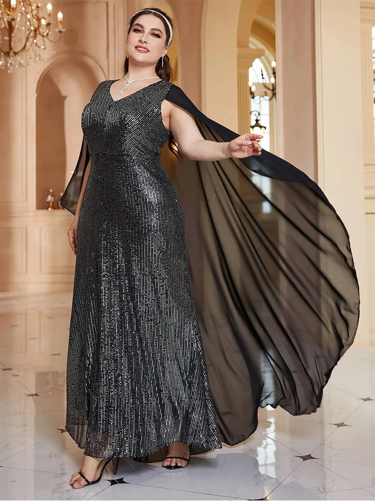 Plus Size V-Neck Silver Striped Black Shawl Floor-Length Wedding Evening Dress 4xl5xl Big Size Black Shawl Prom Gowns Women