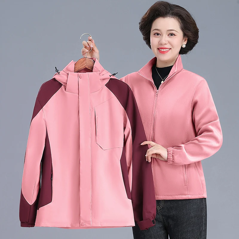 

Tee-in-One Detachable Jaet Outerwear for Middle-Aged Mothers Autumn Winter Faion Polyester Fiber Thiened Coat for Women