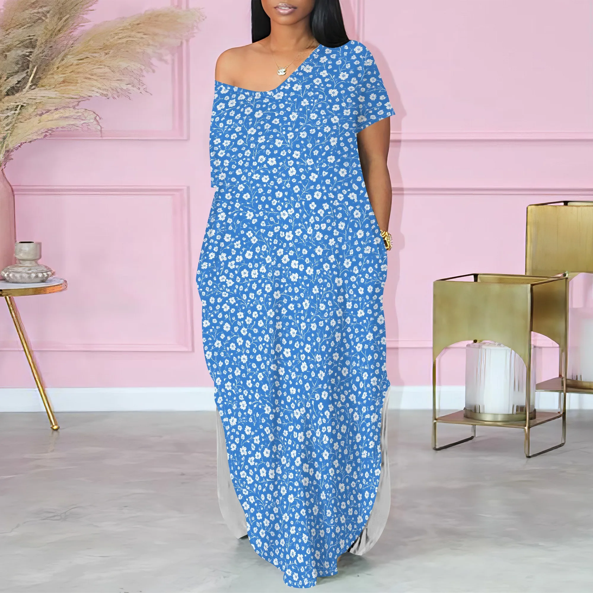 ผู้หญิงฤดูร้อนลําลองแขนสั้น V คอ TShirt ชุดยาวหลวมด้านข้างแยก Beach Maxi Dresses พร้อมกระเป๋า