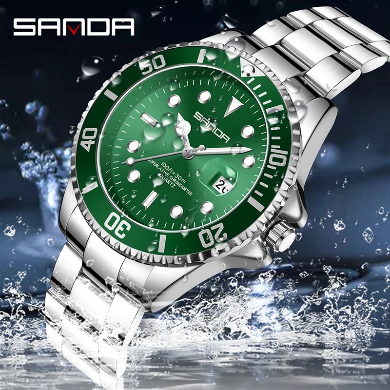 Fashion Sanda Top Brand Trend Men Full Stainless Steel Quartz Simple Calendar Display Luminous Waterproof Business Watch