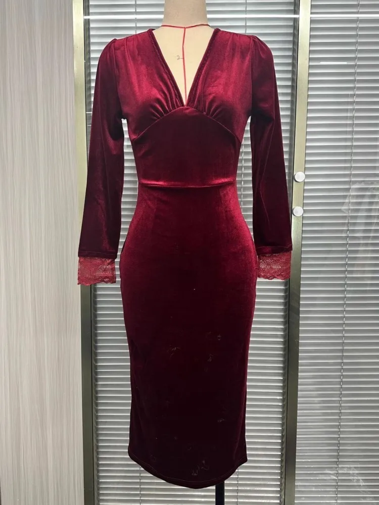 2026 Spring Autumn Winter Dress Women Long Sleeve V-Neck Solid Sexy Elegant Evening Party Skinny Stretch Midi Bodycon Dresses