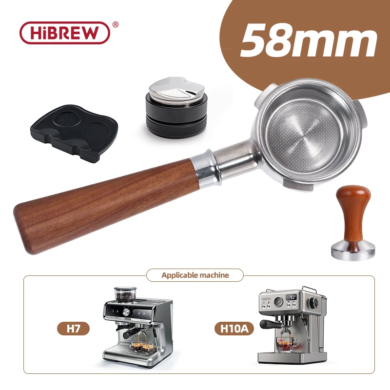 HiBREW 58mm Bottomless Coffee powder handle 304 stainless steel and solid wood