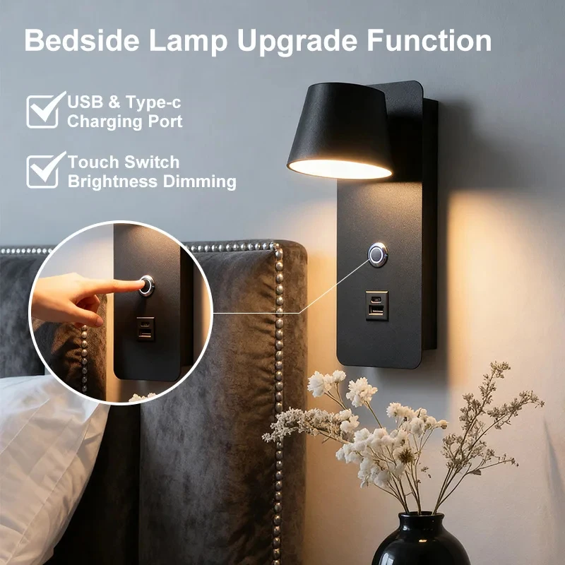 Adjustable Bedside Wall Sconce with USB Charging Port & Switch for Bedroom Hotel Guest Room Reading Lighting