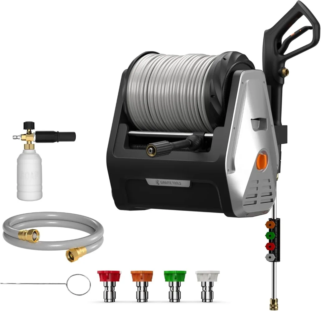 

2400 PSI, 2.0 GPM Electric Wall Mounted Power Washer with 100ft Grey Retractable Pressure Hose, Foam Cannon, 4-Nozzles for Car