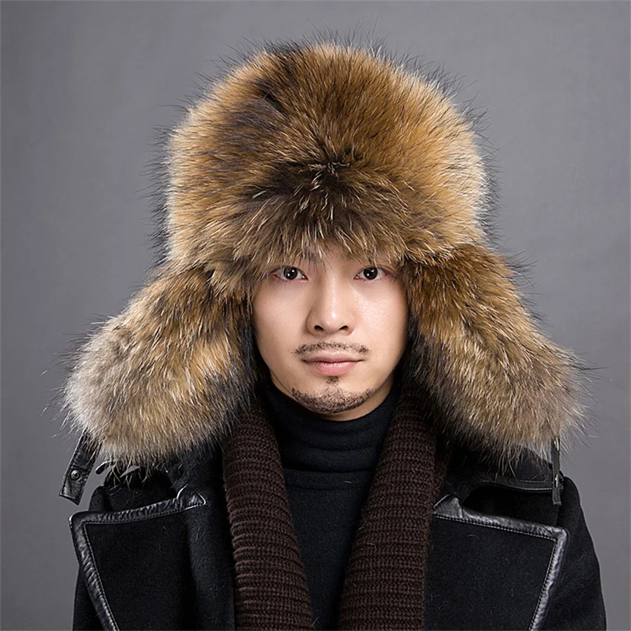 Winter Winter Men 100% Real Silver Fox Fur Bomber Hat Raccoon Fur Ushanka Cap Trapper Russian Man Ski Hats Caps Real Leather Hat