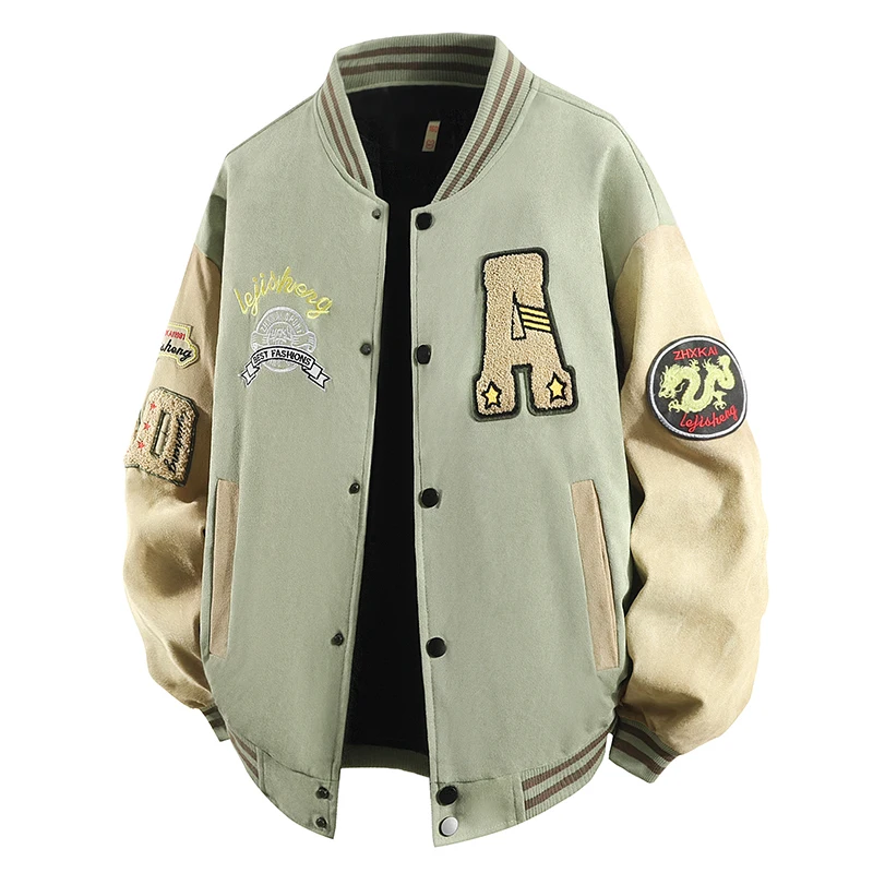 Chaqueta universitaria bordada de gamuza de Hip Hop para hombre, chaqueta de béisbol de manga larga con gráfico de letras y bloques de Color, abrigo Bomber