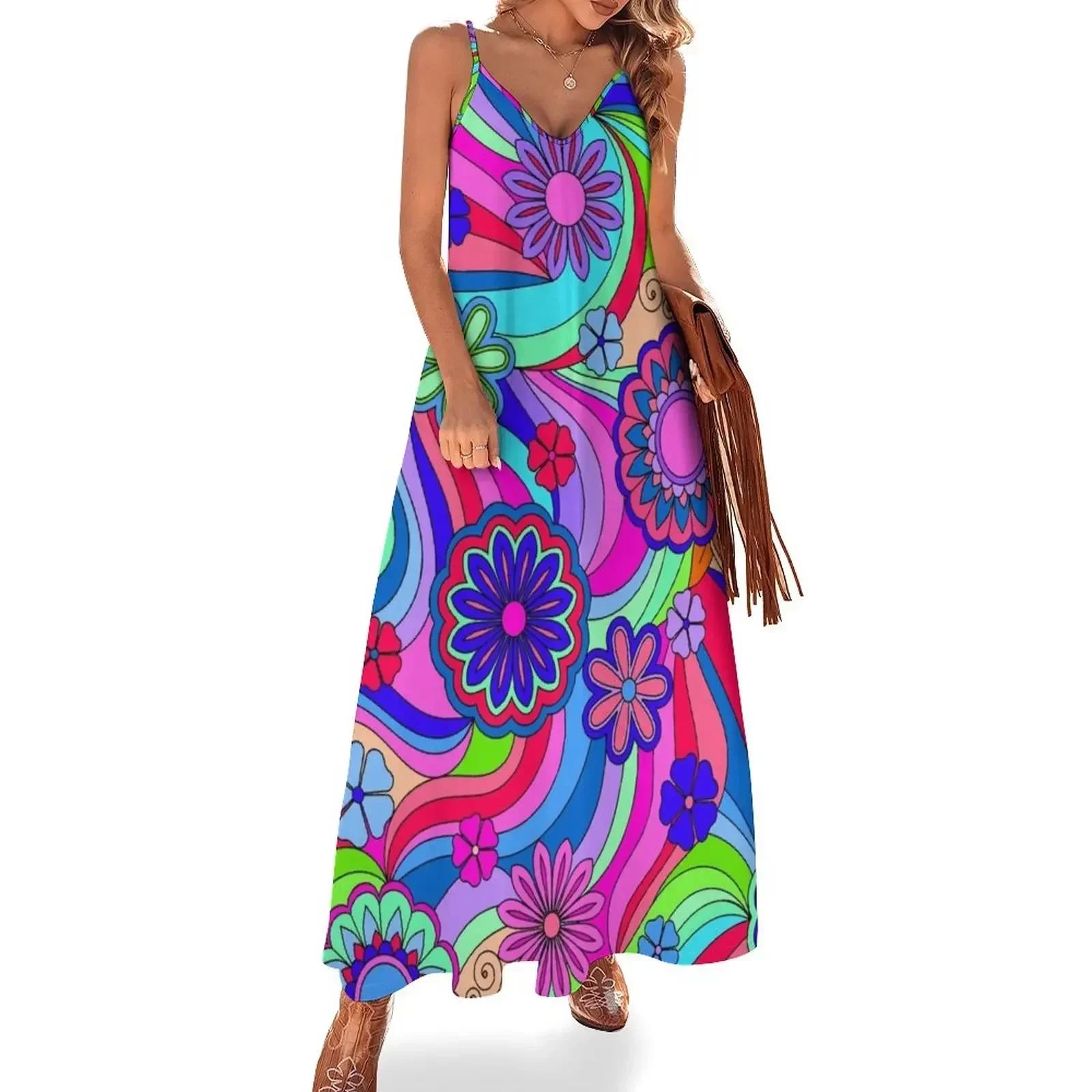 Groovy Hippy Flower Power Cool Tones Sleeveless Dress summer dress korean women dress women summer 2025