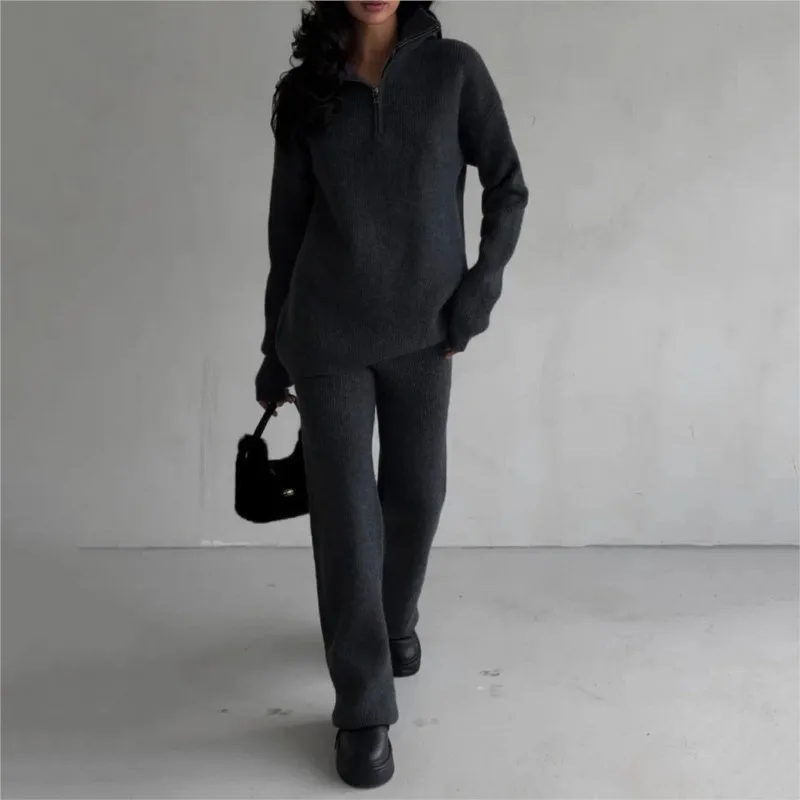 2025 New Womens Half-Zip Turtleneck Knit Set Spring & Autumn Export Style Casual Suit Soft Stretch Fabric Comfort Fit for Office