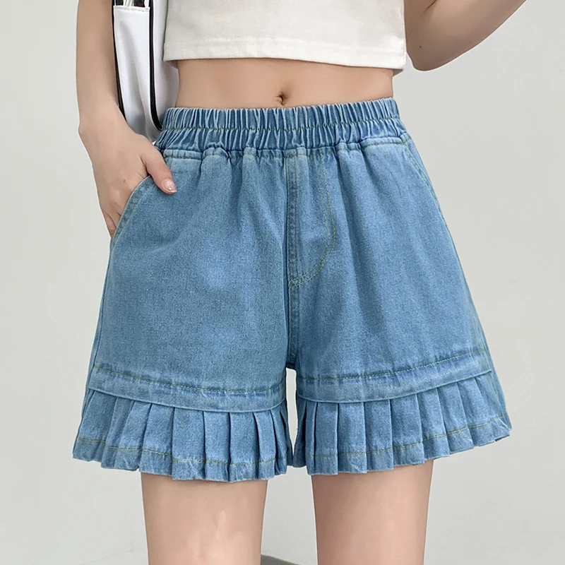 2026 Women's Wide Leg Five Quarter Pants Loose Ruffles Spliced Jeans Shorts Summer New Style Casual Versatile Short Pants
