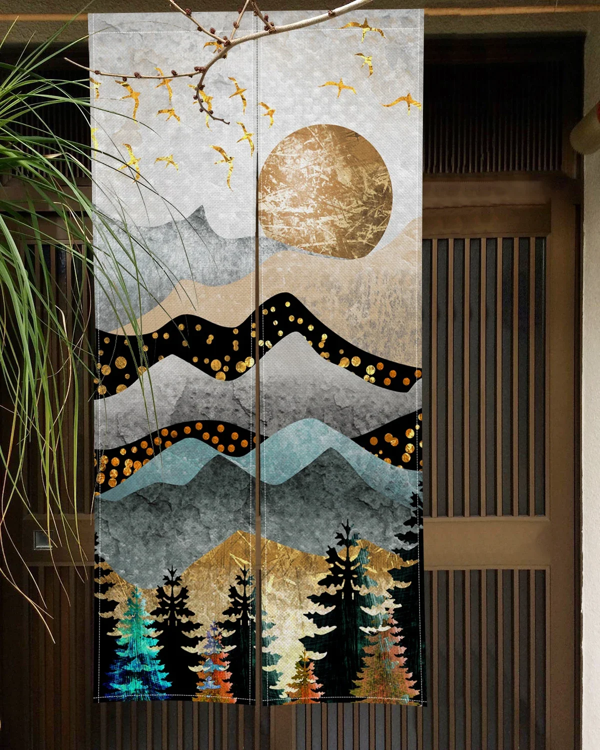 Landscape Door Curtain Mountain Crane Painting Kitchen Room Japanese Style Partition Curtain Drape Entrance Hanging Half-Curtain