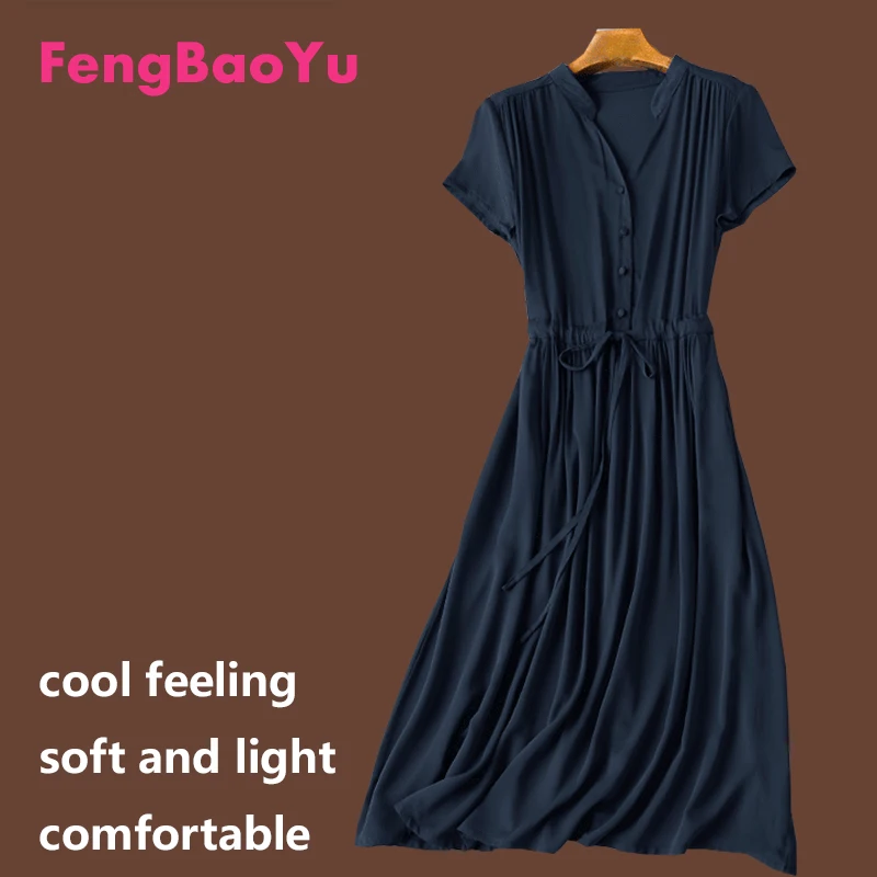 Cotton Silk Summer Women's Short-sleeved Dress Royal Blue Stand Collar Drawstring Dress Elegant Casual Soft Breathable Cool