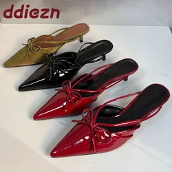 Female Pointed Toe Footwear New 2025 Pumps Women Low Heel Shoes Mules Fashion Butterfly-Knot Shallow Ladies Heel Shoes Slides