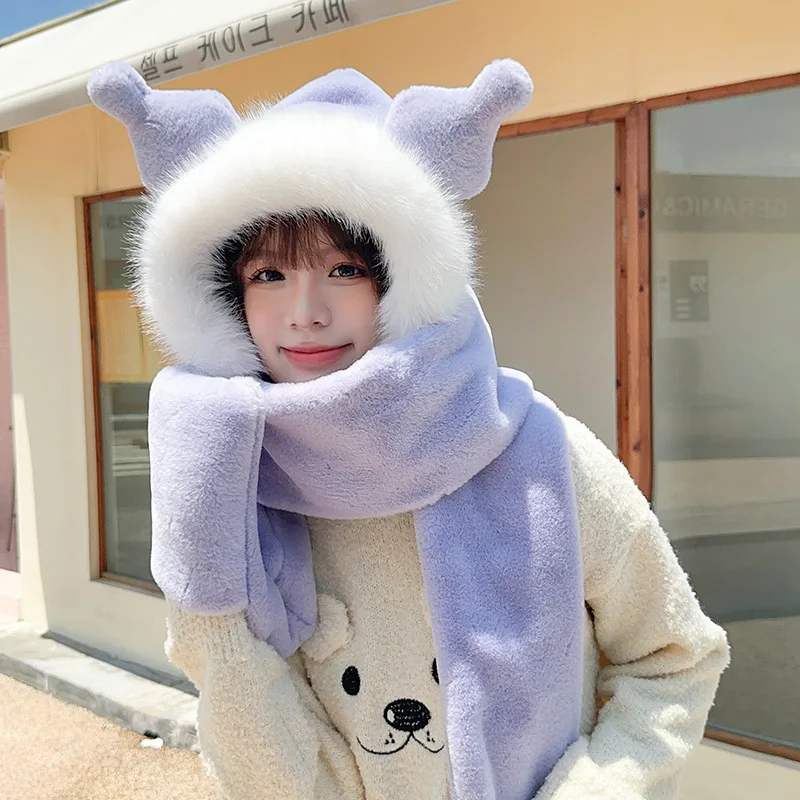 3PCS2024 Winter New Hat Gloves Scarf Three-Piece Hooded Korean Version Of All Plush Bib