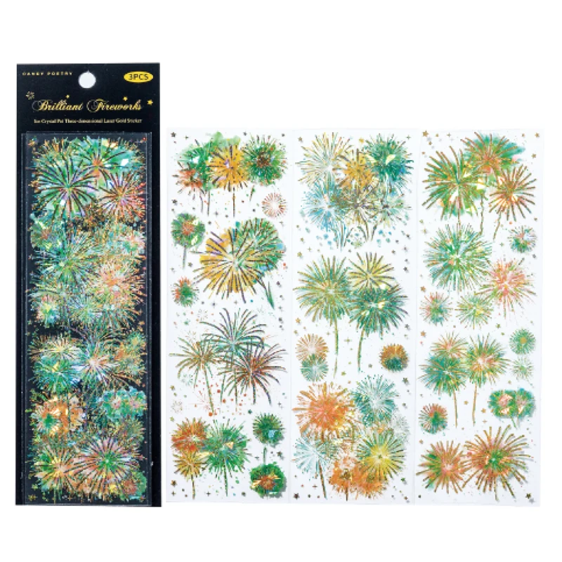 3Pcs/Bag Waterproof PET Material Stickers Holiday Celebration Firework Pattern Creative Greeting Card Cup Photo Frame Decoration