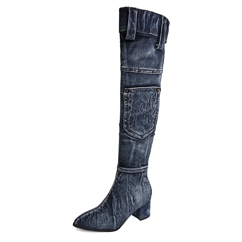 Sexy Jean Boots Women\'s Knee-High Boot Zipper 6CM High Heel Woman Stylish Jeans Boots Ladies Denim Boot Female Shoes Cowboy