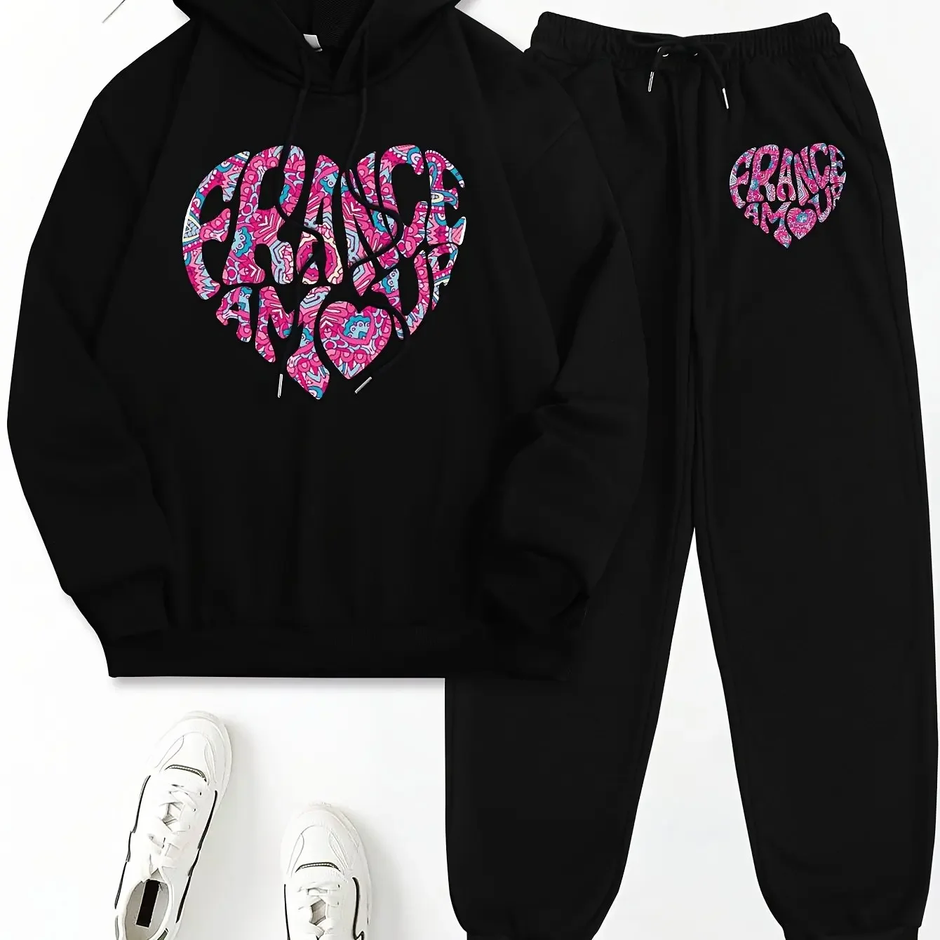 Nuevo conjunto de sudadera con capucha para hombre y mujer con estampado de letras en forma de corazón, cordón ajustable y bolsillo para mayor comodidad y calidez diaria.