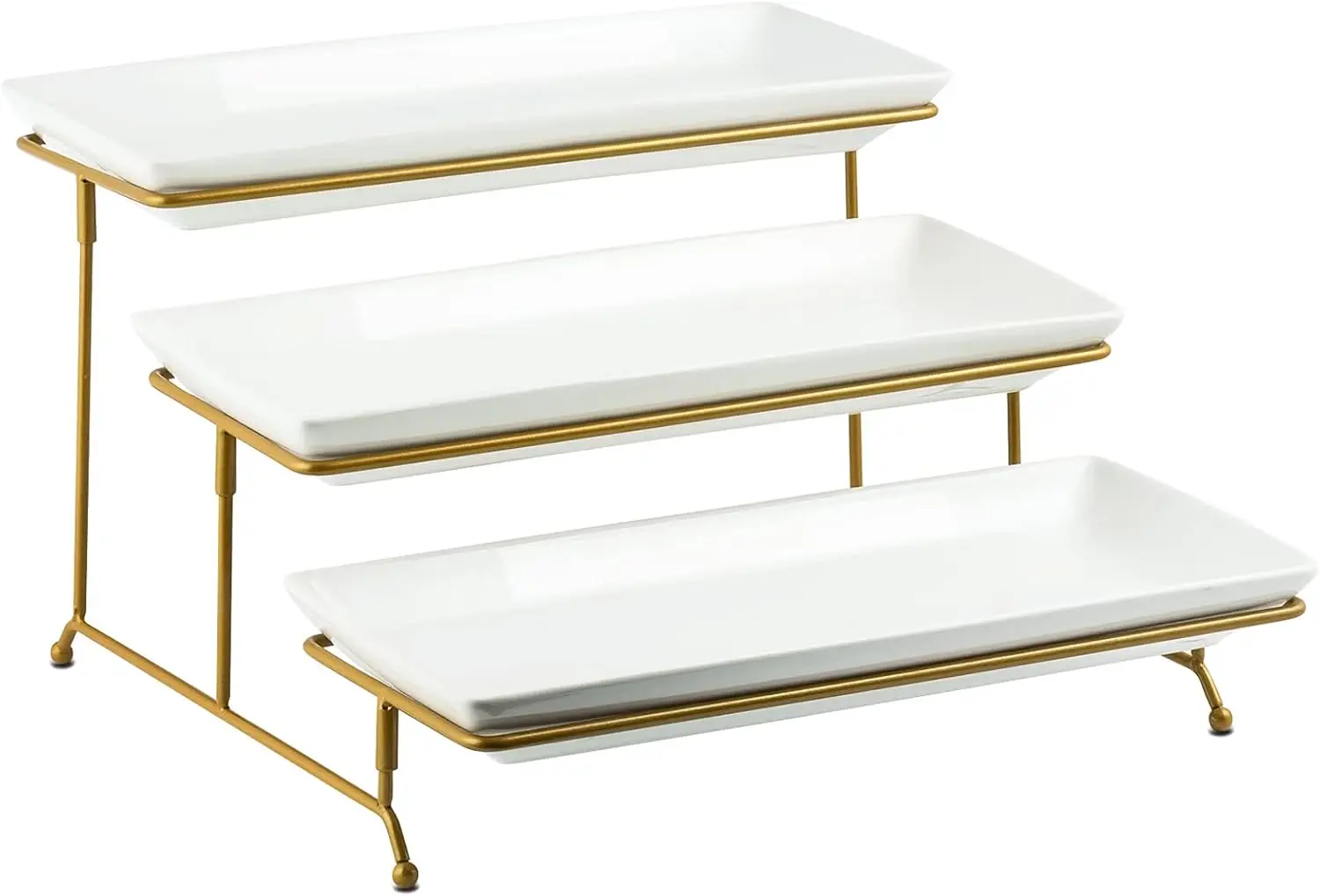 

3-Tier Adjustable Gold Serving Tray Set with Ceramic Platters for Parties and Desserts