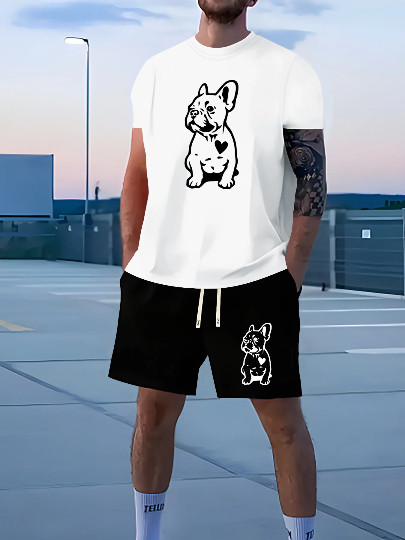 

2026 New High-Quality Men's Summer T-Shirt Dog Pet Print Men's Fitness Sports Set Stylish Crew Neck Top and Shorts Set