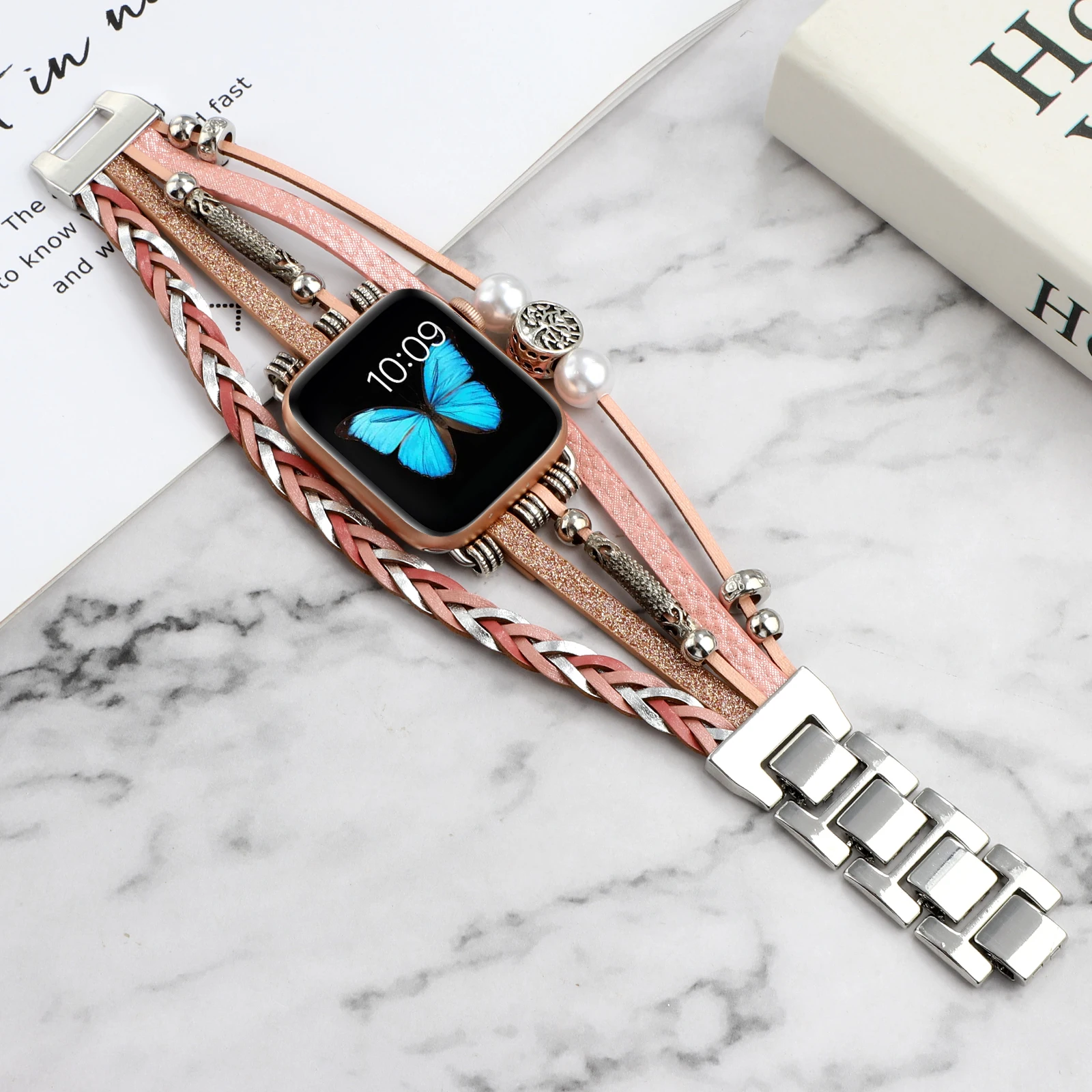 Metal Strap For Apple Watch Band Series876 SE54Ultra Women Jewelry Bracelet Chain IWatch 49mm 45mm 41mm 40mm 38 44mm Peal Wrist