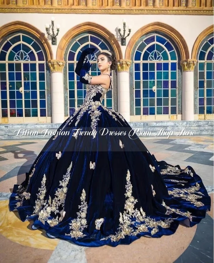 Navy Blue Velvet Princess Quinceanera Dresses with Gloves Butterfly Applique Boning vestidos de 15 quinceañera 2025 Prom custom