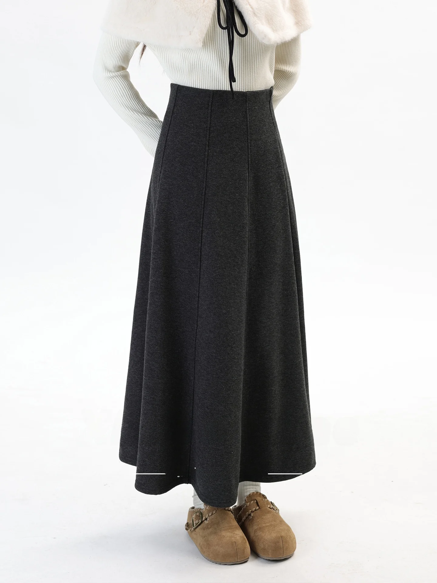 

Warm Fce Lined Winter Skirt Korean Sle High Waist A-Line Midi Skirt Slimming Drapey Wool Blend Faionable Versatile
