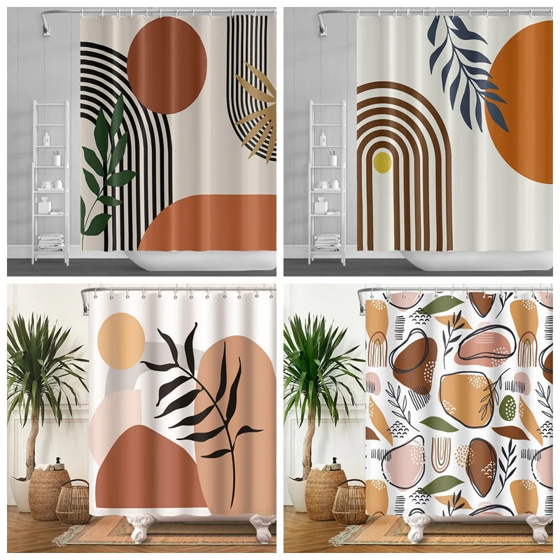 

Boho Abstract Art Shower Curtain Nordic Style Morandi Color Bathroom Curtains Waterproof Fabric Home Decoration With 12pcs Hooks